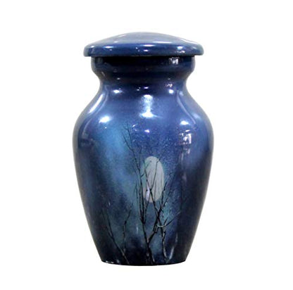 eSplanade Metal Mini Cremation Urn Keepsake Memorial Jar Pot Container | Small Urn for Funeral Ashes Burial | Moon with Trees Printed Keepsakes | Blue - 3" Inches