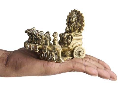 ESPLANADE Brass Surya Rath with Seven Horses – 3.5 Inch, Sun God Chariot Figurine for Mandir, Home Décor, Handcrafted Solid Brass Surya Dev Statue