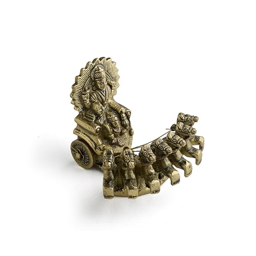 ESPLANADE Brass Surya Rath with Seven Horses – 3.5 Inch, Sun God Chariot Figurine for Mandir, Home Décor, Handcrafted Solid Brass Surya Dev Statue