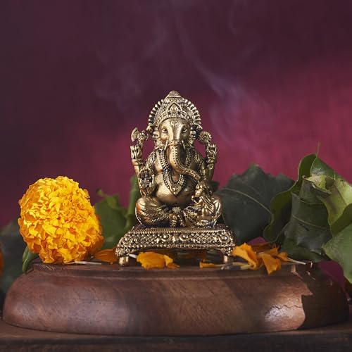 ESPLANADE Brass Ganesh Murti - 3 inch, Small Ganesha Idol for Home Mandir, Diwali, Pooja Décor, Housewarming Gift Detailing, Light Weight