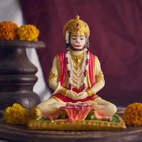 ESPLANADE Resin Hanuman Idol for Car Dashboard Ð Bajrangbali Murti in Sitting Blessing Pose for Home Temple & Office DŽcor, Multicolour Sankat Mochan Miniature Desk Statue (7" Inches)