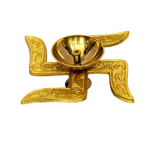 eSplanade Brass Swastik Shape Diya Religious Antique Temple Pooja Articles Home Office & Table Decor Diwali Decoration Peetal Deepak