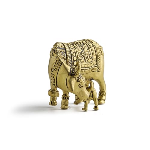 ESPLANADE Brass Kamadhenu Kamdhenu Cow with Calf Idol, Small 2" Murti, Vastu Decor for Wealth, Health, Peace & Happiness Detailing & Light Weight