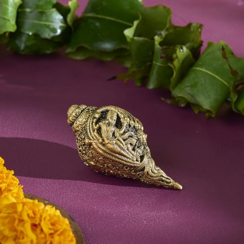 ESPLANADE Brass Narayan Shankh, Vishnu Conch Shell with Vishnu God, Laxmi Maa, and Sheshnag Engraved, 3-Inch Pooja Item, Antique Collectible Piece Light Weight