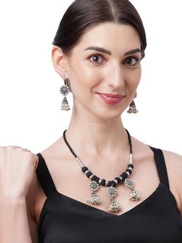 Binni s Wardrobe Women's Dual Toned Hand Made Textured Choker Jewellery Set (Silver Black Noded Jhumkis)