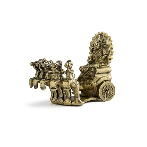 ESPLANADE Brass Surya Rath with Seven Horses – 3.5 Inch, Sun God Chariot Figurine for Mandir, Home Décor, Handcrafted Solid Brass Surya Dev Statue