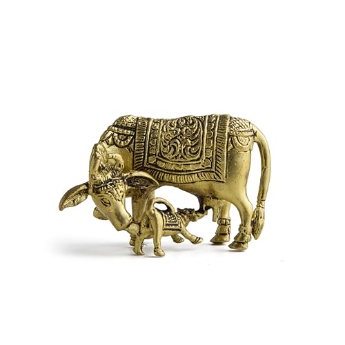 ESPLANADE Brass Kamadhenu Kamdhenu Cow with Calf Idol, Small 2" Murti, Vastu Decor for Wealth, Health, Peace & Happiness Detailing & Light Weight