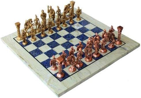 StonKraft Collectible Australian Marble and Lapis Lazuli Chess Board Set + Brass Chess Pieces Pawns - Decorative Stone Chess - 15" Inches