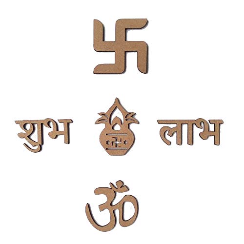 IVEI DIY MDF Cutouts of Sathiya, Shubh, Labh, Kalash, Om for Diwali & Festivals - Plain MDF Blanks Cutouts (Small) for Painting Wooden Sheet Craft, Decoupage, Resin Artwork & Decoration - Set of 20