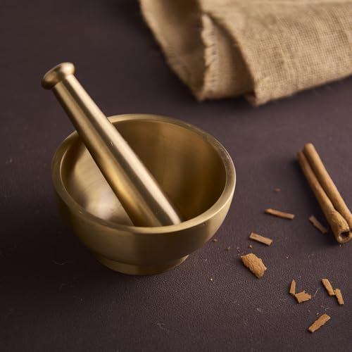 Esplanade Brass Mortar Pestle Set for Kitchen – 4" Okhli for Grinding Spices, Herbs – Traditional Imam Dasta, Kharal, Kundi