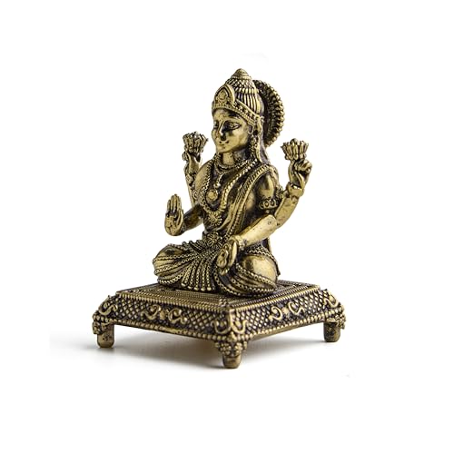 ESPLANADE Brass Laxmi Murti - 3 inch, Small Lakshmi Idol for Home Mandir, Diwali, Pooja Décor, Housewarming Gift Detailin