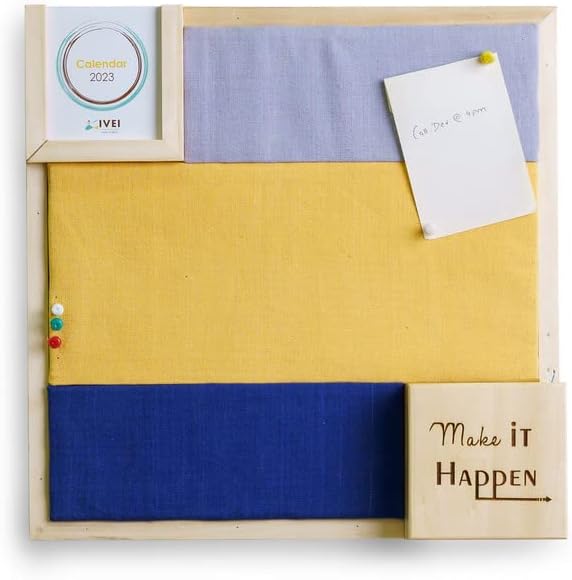IVEI 2 Coloured Pin Board with Calendar and Pen Stand Engraved with Inspiring Words, Pin Board in 2 Colours to Organize Your Lists | Ideal for Home and Office