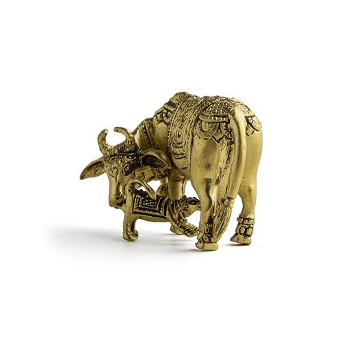 ESPLANADE Brass Kamadhenu Kamdhenu Cow with Calf Idol, Small 2" Murti, Vastu Decor for Wealth, Health, Peace & Happiness Detailing & Light Weight