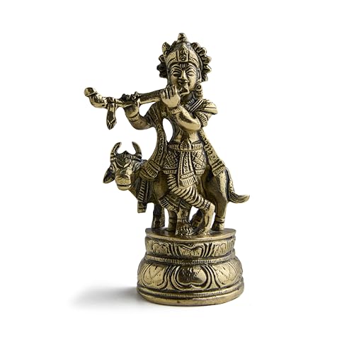 ESPLANADE Brass Krishna with Cow Gopal Kishan Thakurji Murti Idol Statue Sculpture | Pooja Idols | Home Decor (4.5" Inches)