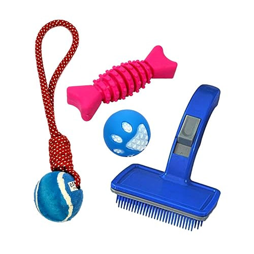 StonKraft Dog Toys Chew Products Set – Puppies Teething Toys Pack – Rubber Ball, Chew Bone, Teething Dumbbell | Suitable for All Dogs, Non-Toxic, Washable & Safe for Pets | Colourful, Bouncy (Set 3)