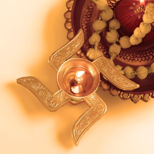 eSplanade Brass Swastik Shape Diya Religious Antique Temple Pooja Articles Home Office & Table Decor Diwali Decoration Peetal Deepak