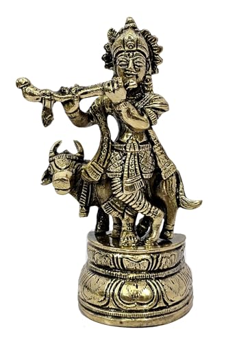 ESPLANADE Brass Krishna with Cow Gopal Kishan Thakurji Murti Idol Statue Sculpture | Pooja Idols | Home Decor (4.5" Inches)