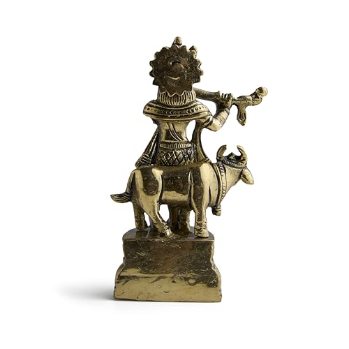 ESPLANADE Brass Krishna with Cow Gopal Kishan Thakurji Murti Idol Statue Sculpture | Pooja Idols | Home Decor (4.5" Inches)