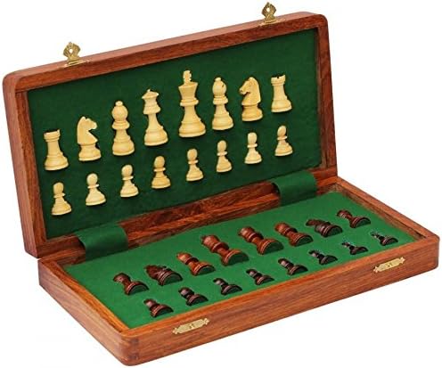 BKRAFT4U Handmade Wooden Acacia wood Foldable Magnetic Chess Game Board with Storage Slots, 14 Inch