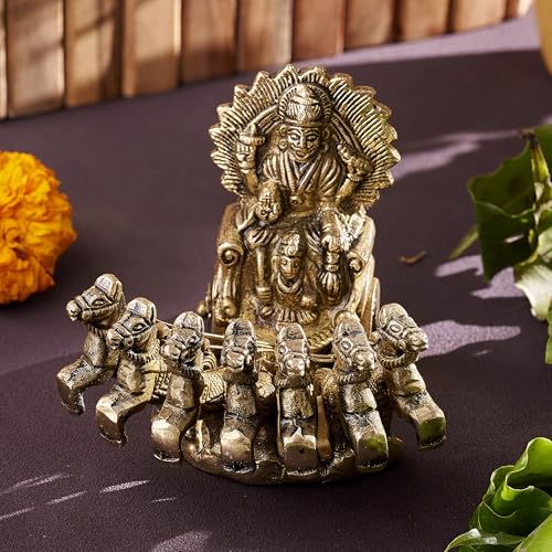 ESPLANADE Brass Surya Rath with Seven Horses – 3.5 Inch, Sun God Chariot Figurine for Mandir, Home Décor, Handcrafted Solid Brass Surya Dev Statue