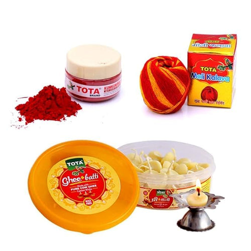 Tota Combo of Kumkum Roli, Cow Ghee Wicks and Moli Kalawa for Pooja Thali, Hawan, Tilak - Pack of 3 & 4 Indian Puja Items