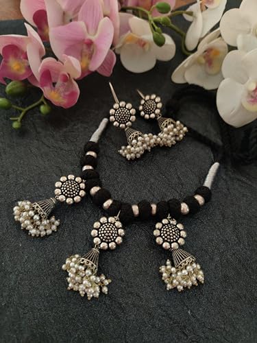 Binni s Wardrobe Women's Dual Toned Hand Made Textured Choker Jewellery Set (Silver Black Noded Jhumkis)