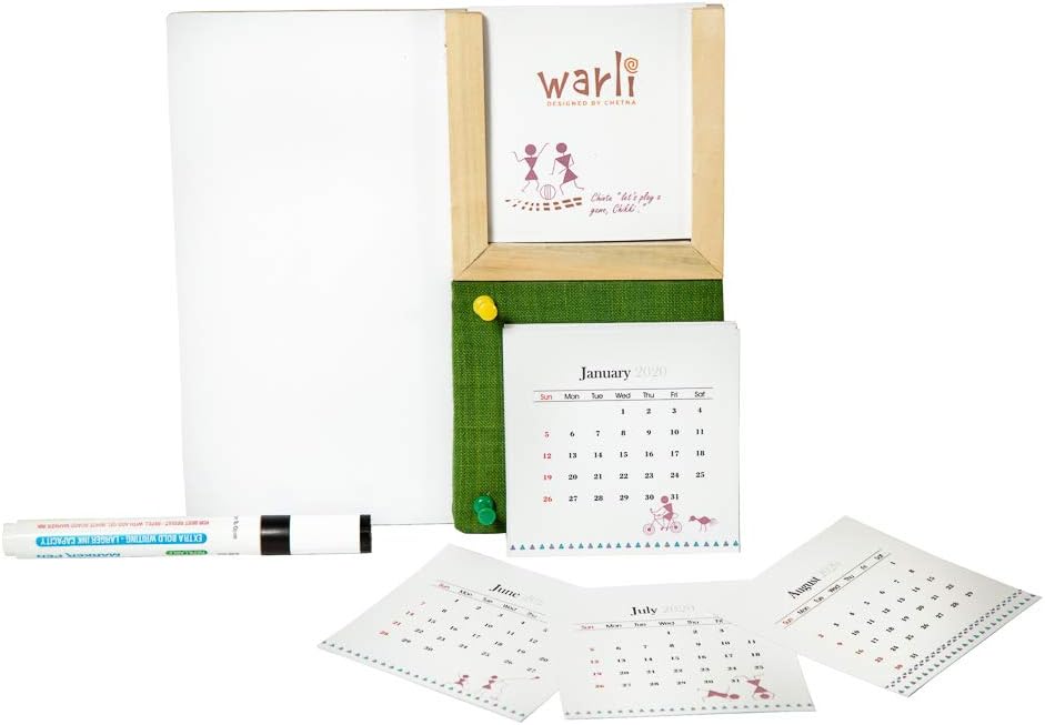 IVEI Warli Desk Calendar with Whiteboard, Pin Board & Pen Holder - Table Top Calendar Set - All-in-one Calendar Desk Organizer - Innovative gift for Office Desk Decor, School, Home (Dark Blue)