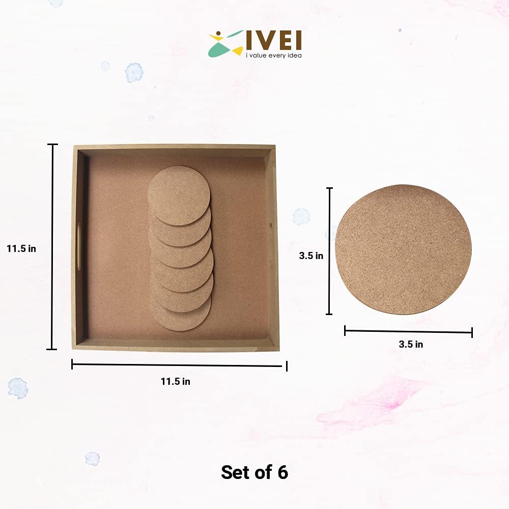 IVEI Do-it-Yourself Square Tray with Plain Round MDF Coasters Set of 6- for Activity - decoupage - DIY Circle MDF Coasters - DIY Tray (11.5in X 11.5in)