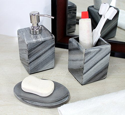 KLEO - Bathroom Accessory Set of 3 Made from Natural Stone - Bath Accessories Set Includes Soap / Lotion Dispenser, Toothbrush Holder, Soap Dish - White