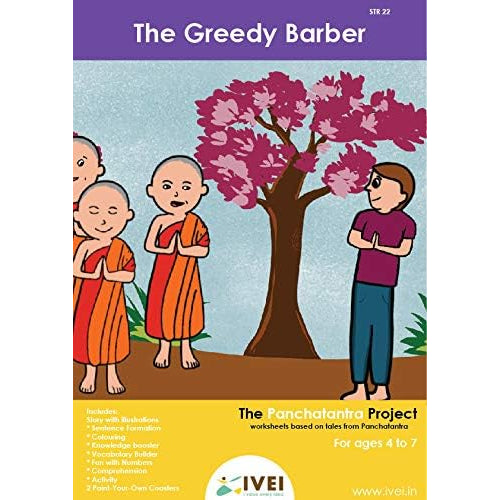 IVEI Panchatantra Kids Learning Book - Workbook and 2 DIY coasters of Panchatantra Story - Colouring Activity Worksheets - Creative Fun Activity and Education For Kids - The Greedy Barber ( Age 4 to 7 Years )