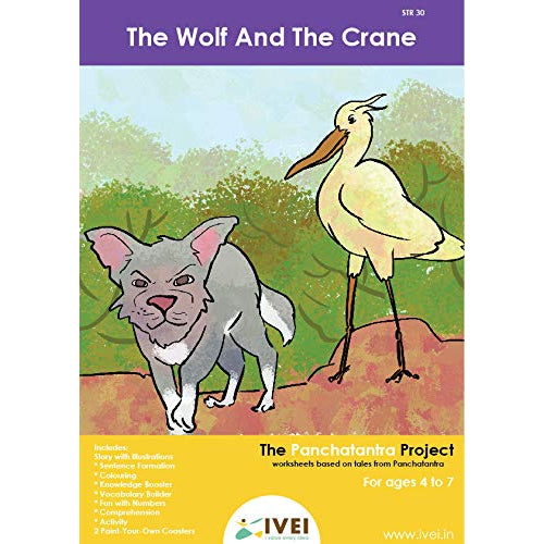 IVEI Panchatantra Kids Learning Book - Workbook and 2 DIY coasters of Panchatantra Story - Colouring Activity Worksheets - Creative Fun Activity and Education For Kids - The Wolf and the Crane ( Age 4 to 7 Years )