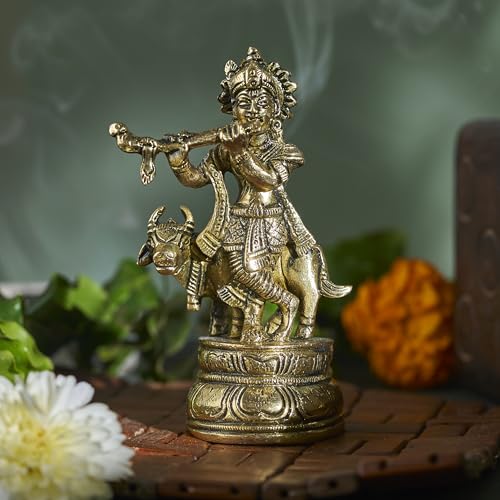 ESPLANADE Brass Krishna with Cow Gopal Kishan Thakurji Murti Idol Statue Sculpture | Pooja Idols | Home Decor (4.5" Inches)