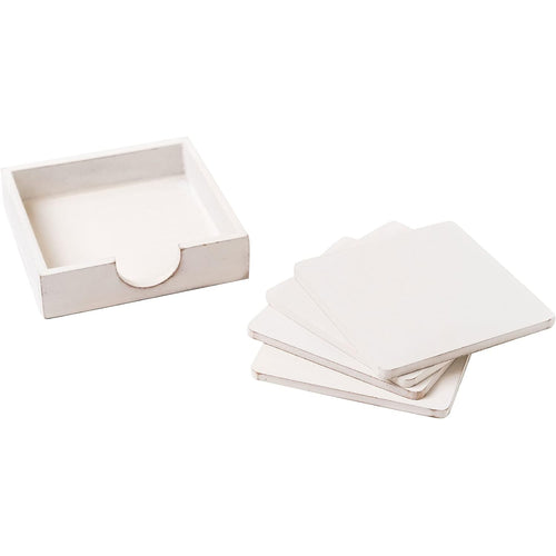 IVEI MDF DIY Square Coasters with Holder with Primer - MDF Plain Wooden Coasters & Holder Blank Cutouts for Painting Wooden Sheet Craft, Decoupage, Resin Art Work Set of 4 (3.5in X 3.5in)