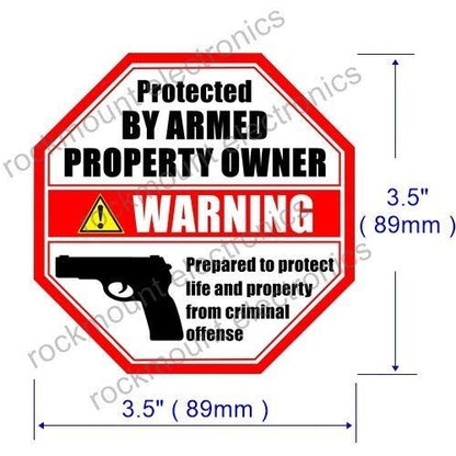 eSplanade PROTECTED BY ARMED PROPERTY OWNER - Gun Handgun Warning Signs (4 Pack) Size 3.5" x 3.5" - Home Business Window Door Alert Sticker Decals