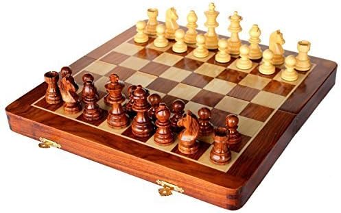 BKRAFT4U Handmade Wooden Acacia wood Foldable Magnetic Chess Game Board with Storage Slots, 14 Inch