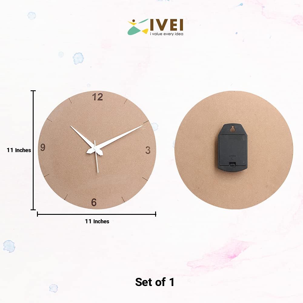 IVEI DIY Clock MDF Clock Numbers Cut - Wooden Craft - MDF Round Clock Cutout - Plain MDF Blank Wall Clock for Painting Wood Sheet Craft, Decoupage, Resin Artwork & Decoration (Round & Square)