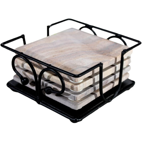 KLEO Sand Stone Tea Coffee Coasters Coaster Set Coasters with Wrought Iron Holder (Square) (Sand Colour)