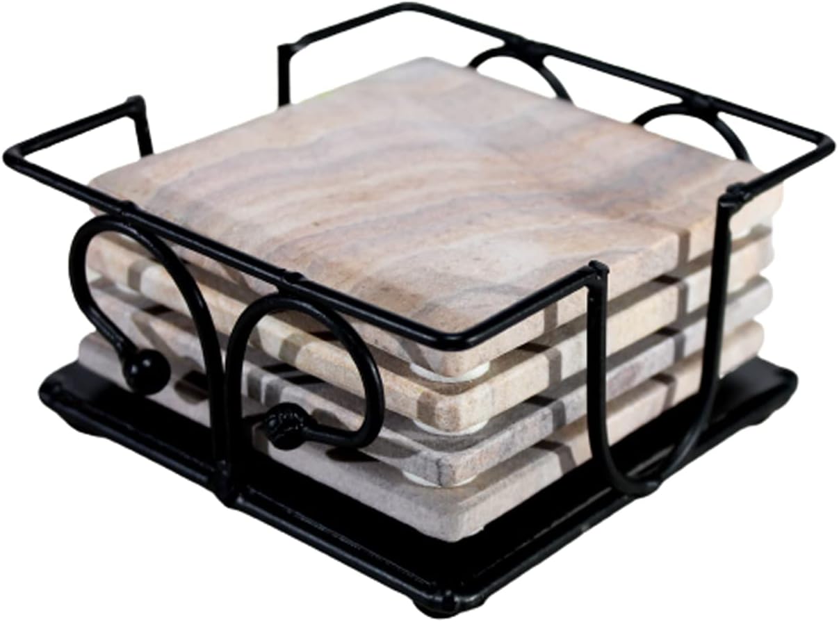 KLEO Sand Stone Tea Coffee Coasters Coaster Set Coasters with Wrought Iron Holder (Square) (Sand Colour)