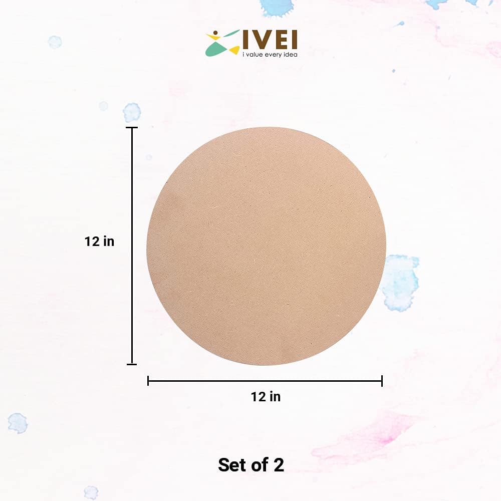 IVEI DIY MDF Round Cutout Wood Sheet Craft / Primer- MDF Cutouts Circle Shaped Curved Painting Wooden Sheet Craft - Set of 2 for Decoupage MDF Plains, Resin Art Work & Decoration (12 in X 12 in X 6 mm)