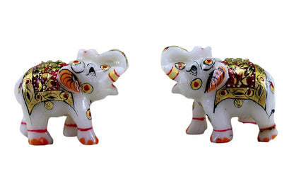 eSplanade Marble Elephant Family - Set of 2 - Sculpture Showpiece Figurines - Home Decor - White Multi - 5" Inches