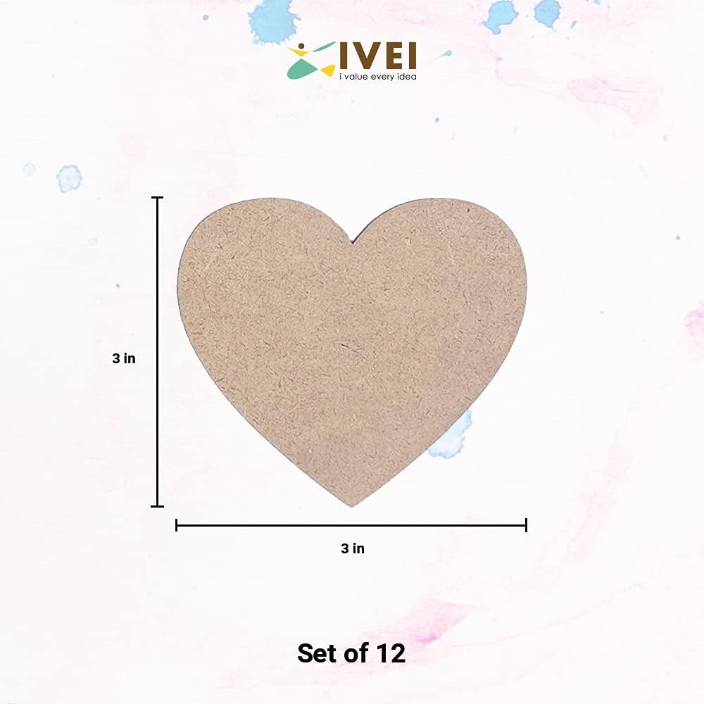 IVEI MDF DIY Coasters Wood Sheet Craft - MDF Plain Wooden Coasters Heart Shaped Blank Cutouts for Painting Wooden Sheet Craft, Decoupage, Resin Art Work & Decoration - Set of 12