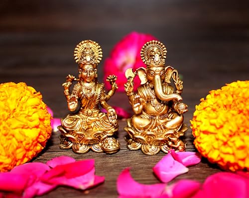 Esplanade Small Superfine Brass Laxmi Ganesh Idol Set – 5 cm Miniature Intricate Brass Figurines Murti for Diwali Pooja Home Temple