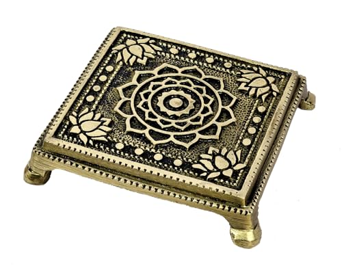 ESPLANADE Brass Engraved Pooja Chowki – Antique Peetha God’s Stool, Lotus Design Handcrafted Brass Patla for Home Pooja Mandir (Shree Yantra)
