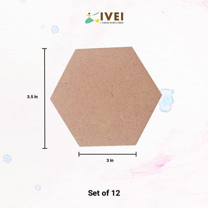 IVEI MDF DIY Coasters Wood Sheet Craft - MDF Plain Wooden Coasters Hexagon Shaped Blank Cutouts for Painting Wooden Sheet Craft, Decoupage, Resin Art Work & Decoration - Set of 12