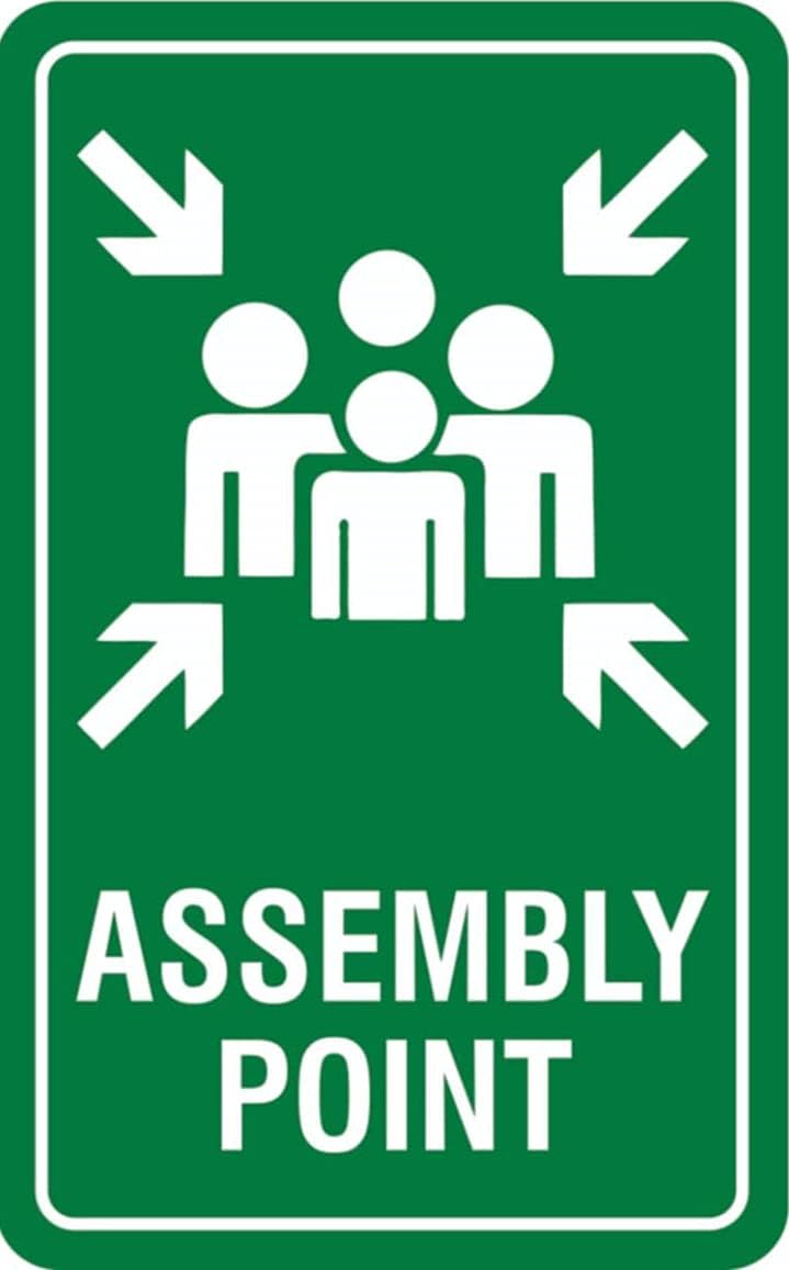 eSplanade Assembly Point Sign Decal Sticker - Easy to Mount Weather Resistant Long Lasting Ink Size (8" x 5")
