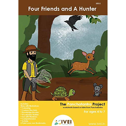 IVEI Panchatantra Kids Learning Book - Workbook and 2 DIY Bookmarks of Panchatantra Story - Colouring Activity Worksheets - Creative Fun Activity and Education For Kids - Four Friends And A Hunter