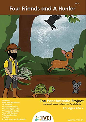 IVEI Panchatantra Kids Learning Book - Workbook and 2 DIY Bookmarks of Panchatantra Story - Colouring Activity Worksheets - Creative Fun Activity and Education For Kids - Four Friends And A Hunter