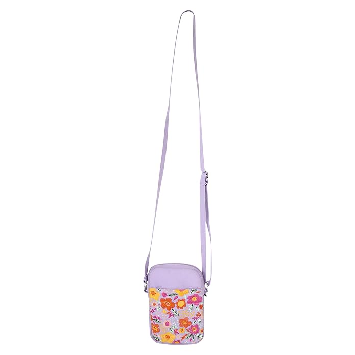 SKAPADORO Canvas Mobile Cross Body Sling Bag for Girls Women,100% Cotton, Embroidery, Zip Closure, Pocket, Adjustable Strap, Compact Everyday Bag - Flowers (Lilac)