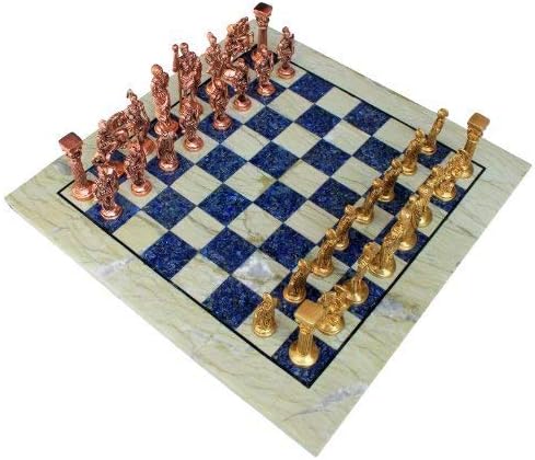 StonKraft Collectible Australian Marble and Lapis Lazuli Chess Board Set + Brass Roman Chess Pieces Pawns - Decorative Stone Chess - 15" Inches