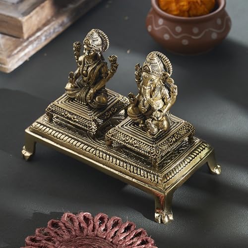 Esplanade Brass Engraved Pooja Chowki – Antique Peetha God’s Stool, Lotus Design Handcrafted Brass Patla for Home Pooja Mandir (Lotus)